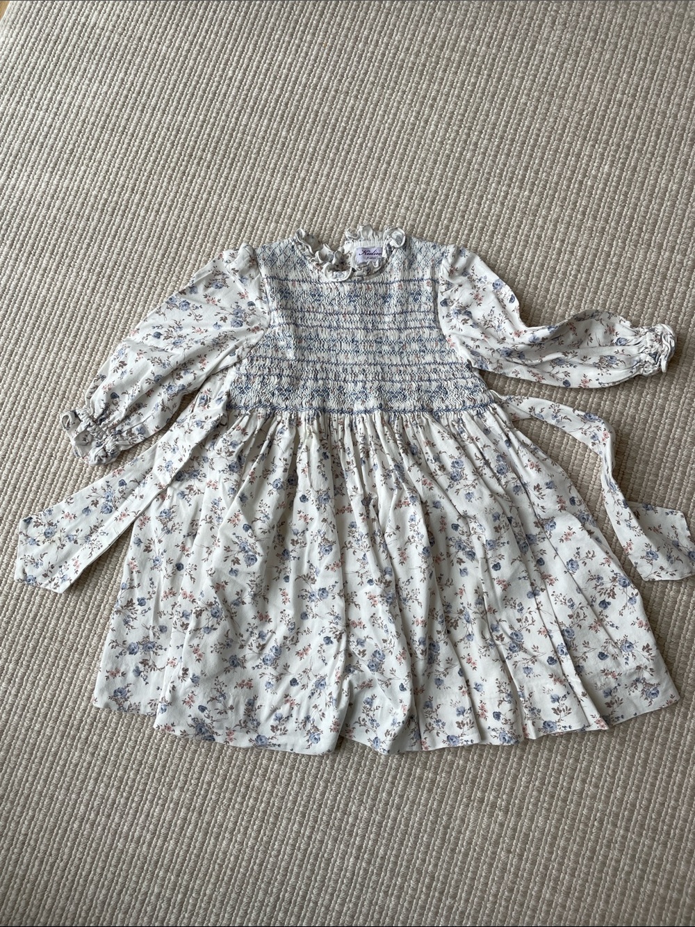 Girls' Blue Floral Smocked Long-Sleeve Dress